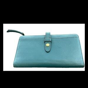 Fossil Teal Green Pebbled Leather Zip Around Credit Card Wallet Wristlet Clutch